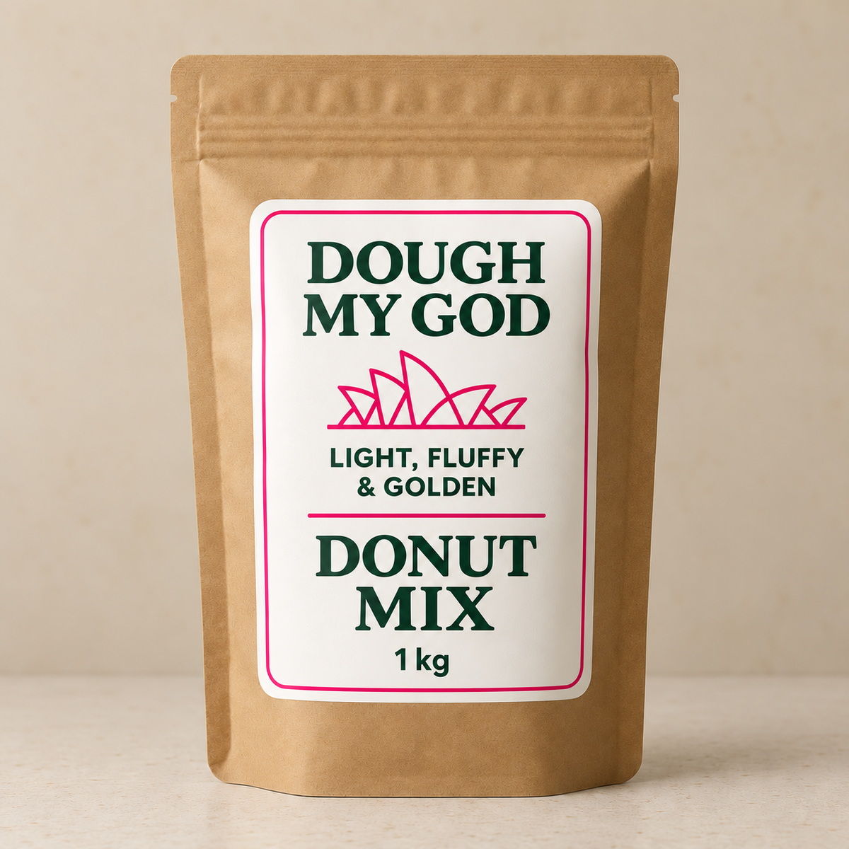 Illustrative Dough My God Donut Mix 1 kg kraft pouch with the approved white and pink label.