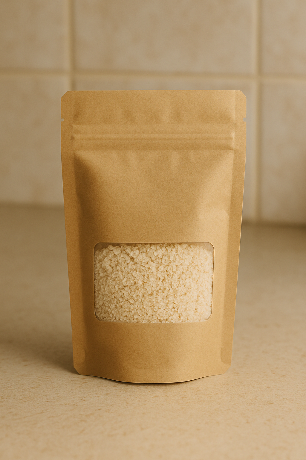 Kraft paper packaging with a window showing contects on a beige background