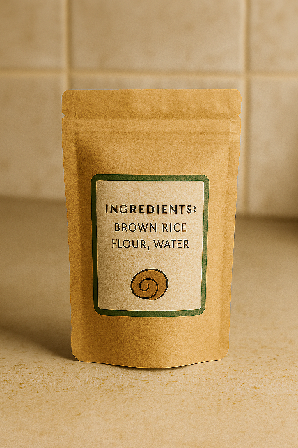 Kraft paper package with a label on a beige background