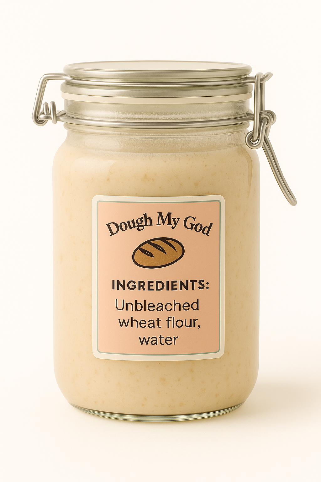 Jar of dough with 'Dough My God' label on a white background with ingredients