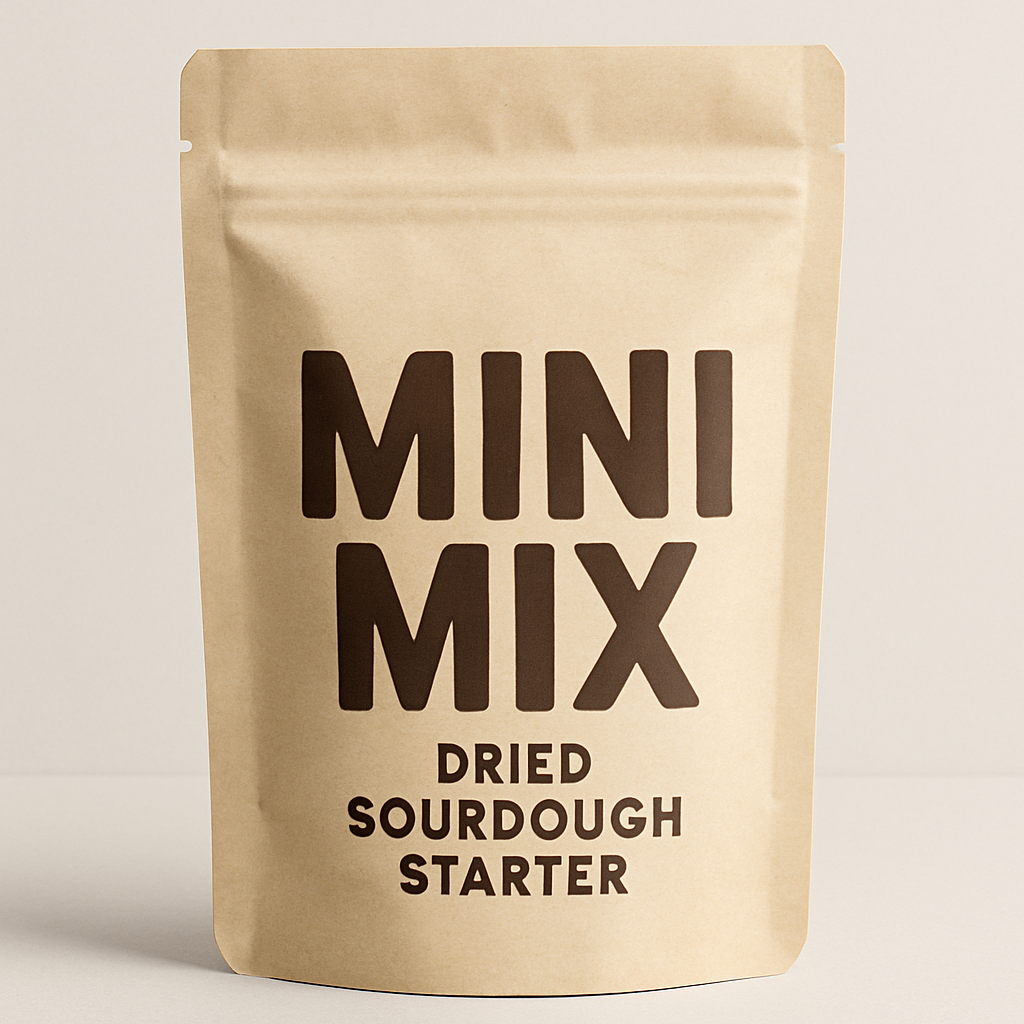brown paper kraft package of 'Mini Mix' dried sourdough starter on a beige background
