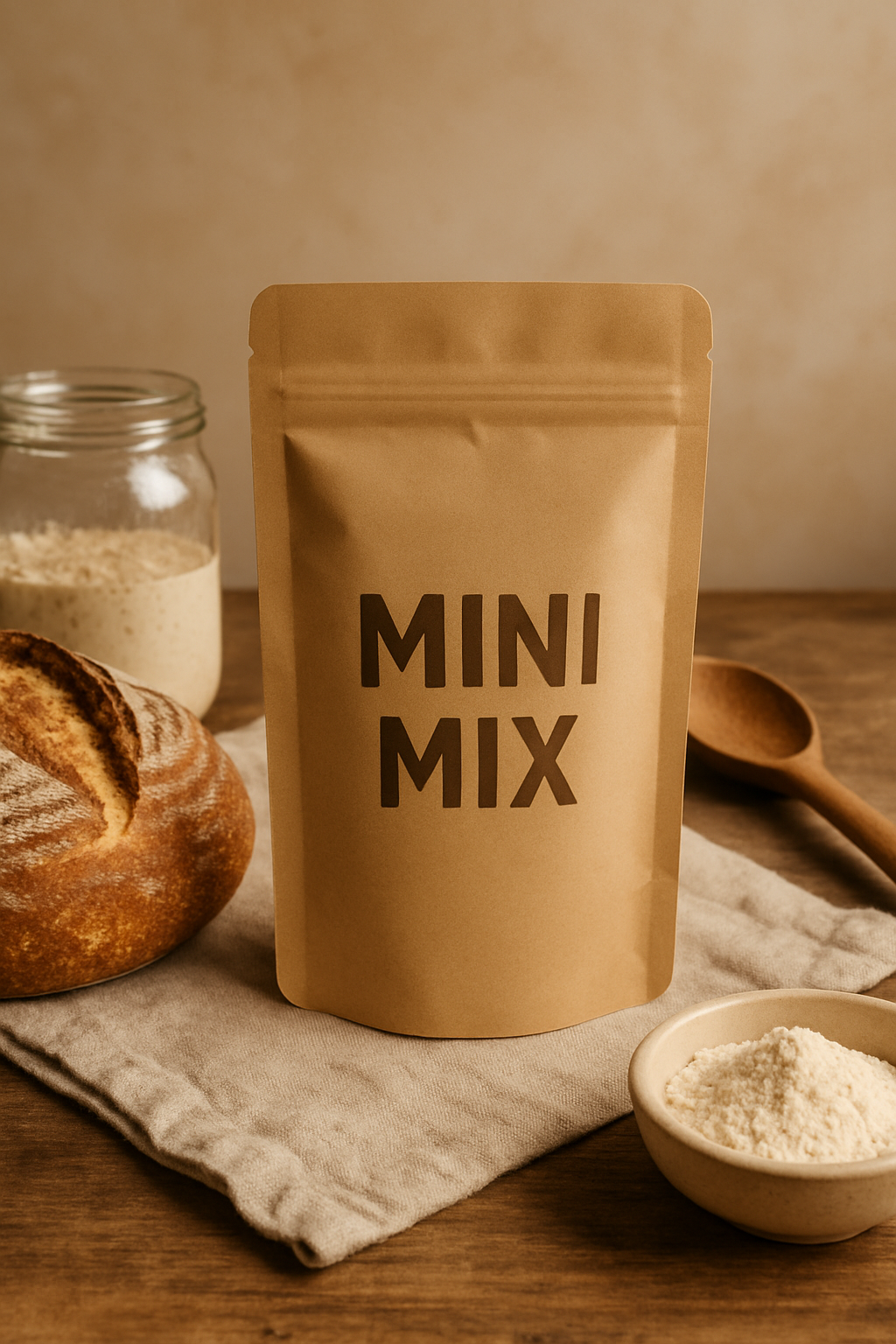 Kraft paper bag labeled 'MINI MIX' with bread and flour on a wooden surface