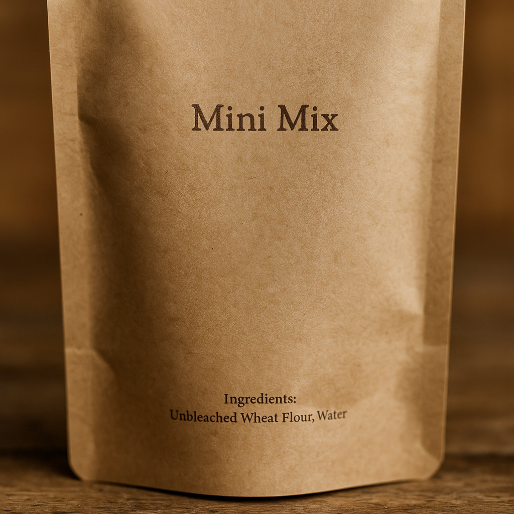 Brown paper bag labeled 'Mini Mix' with ingredients listed on a wooden surface.