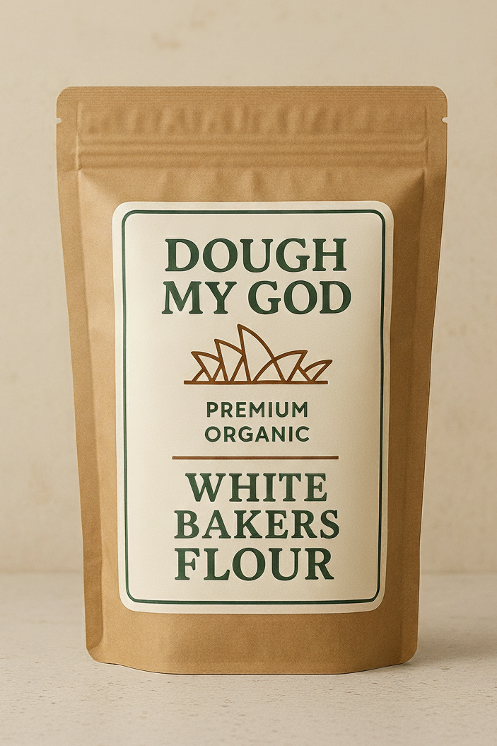 a package of Dough My God premium organic bakers flour
