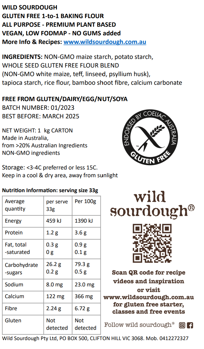 Ingredients and nutrition label for Wild Sourdough gluten-free 1-to-1 baking flour