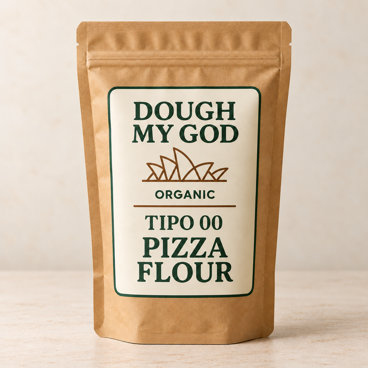 Dough My God Organic Tipo 00 Pizza Flour in a kraft pouch with a cream and green label