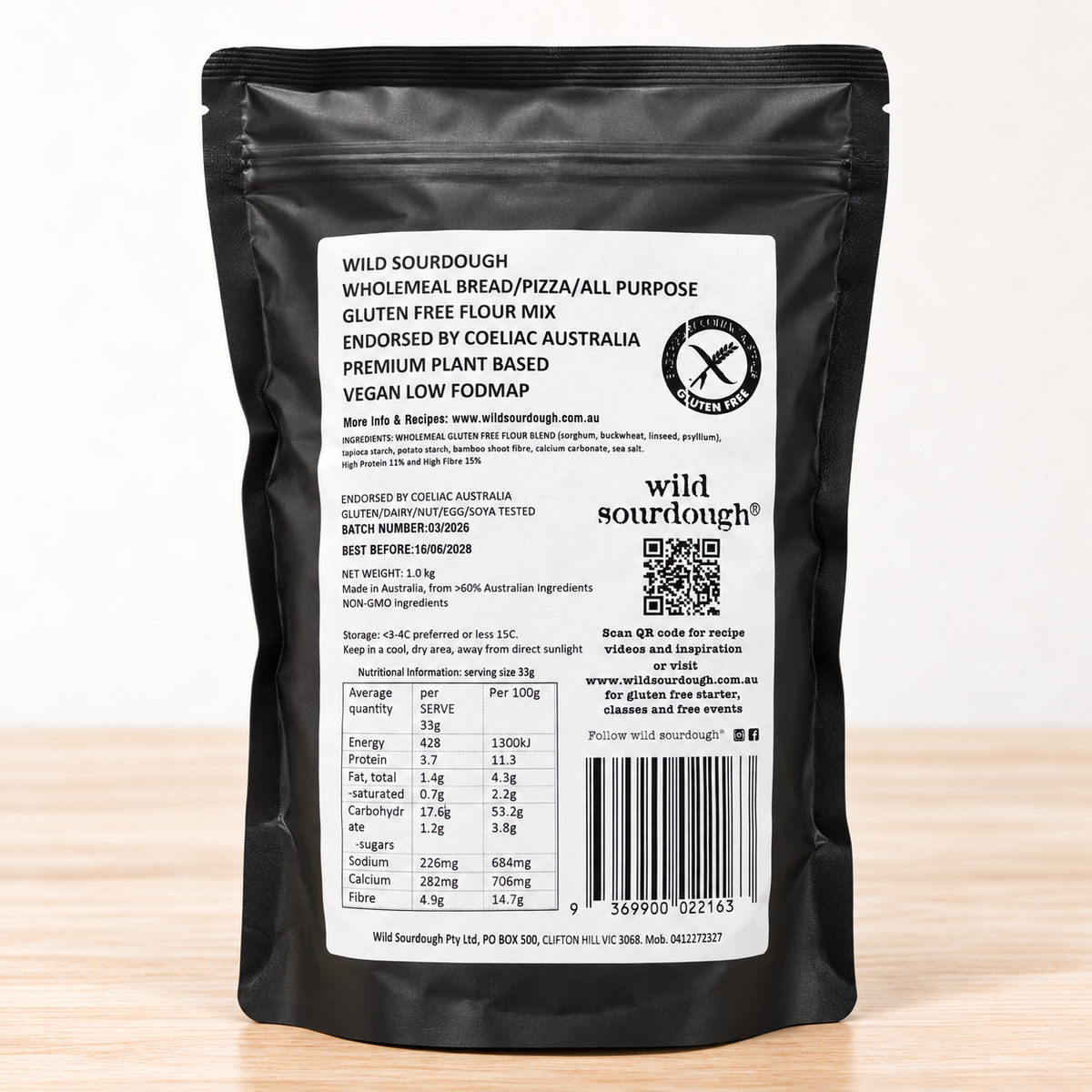 Wild Sourdough wholemeal gluten-free bread and pizza flour in a 1 kg pouch