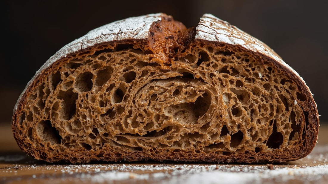 hearty rye sourdough image cut in half