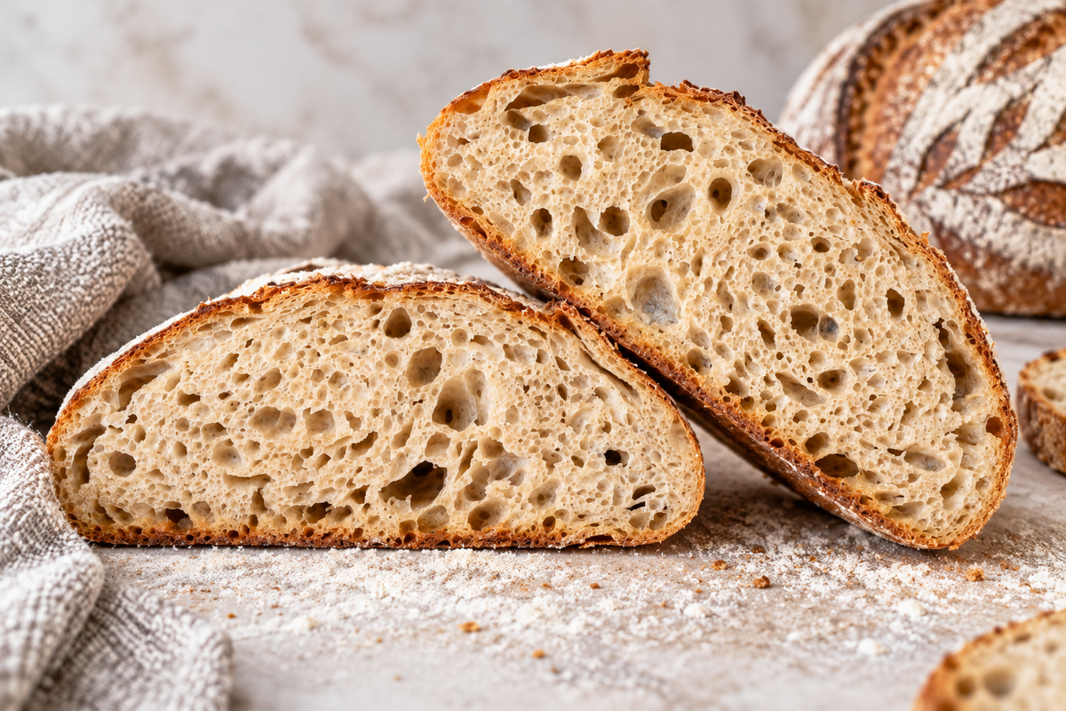 Sliced wholegrain spelt sourdough loaf showing an open crumb