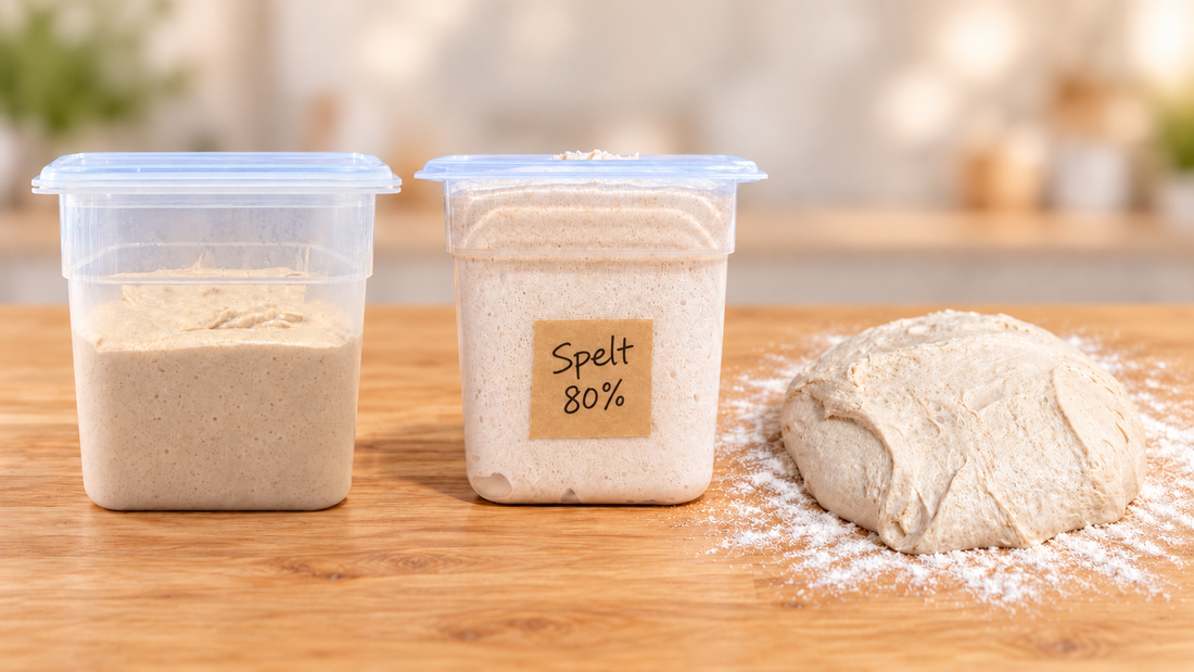 Spelt sourdough dough at the beginning, end and bench stage of bulk fermentation