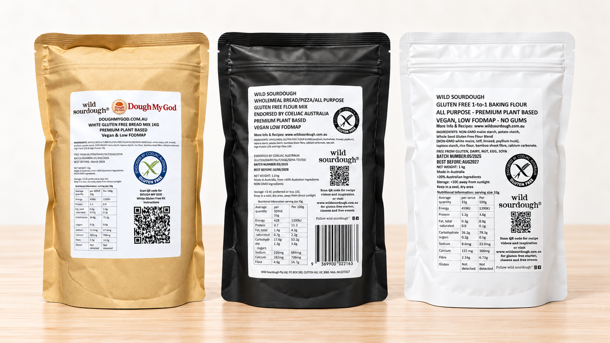 Wild Sourdough gluten-free White Bread, Wholemeal Bread and 1-to-1 All Purpose Baking Flour pouches side by side