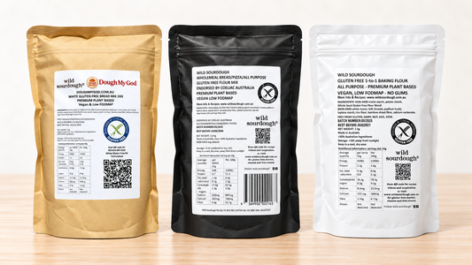 Wild Sourdough gluten-free White Bread, Wholemeal Bread and 1-to-1 All Purpose Baking Flour pouches side by side
