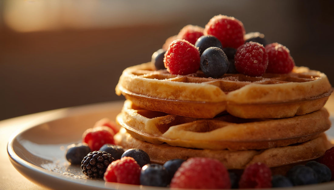 Stack of gluten-free sourdough waffles topped with berries