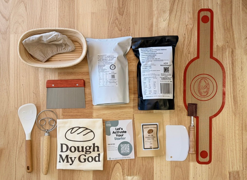 Collection of gluten free flour and baking tools and ingredients on a wooden surface with 'Dough My God' branding.