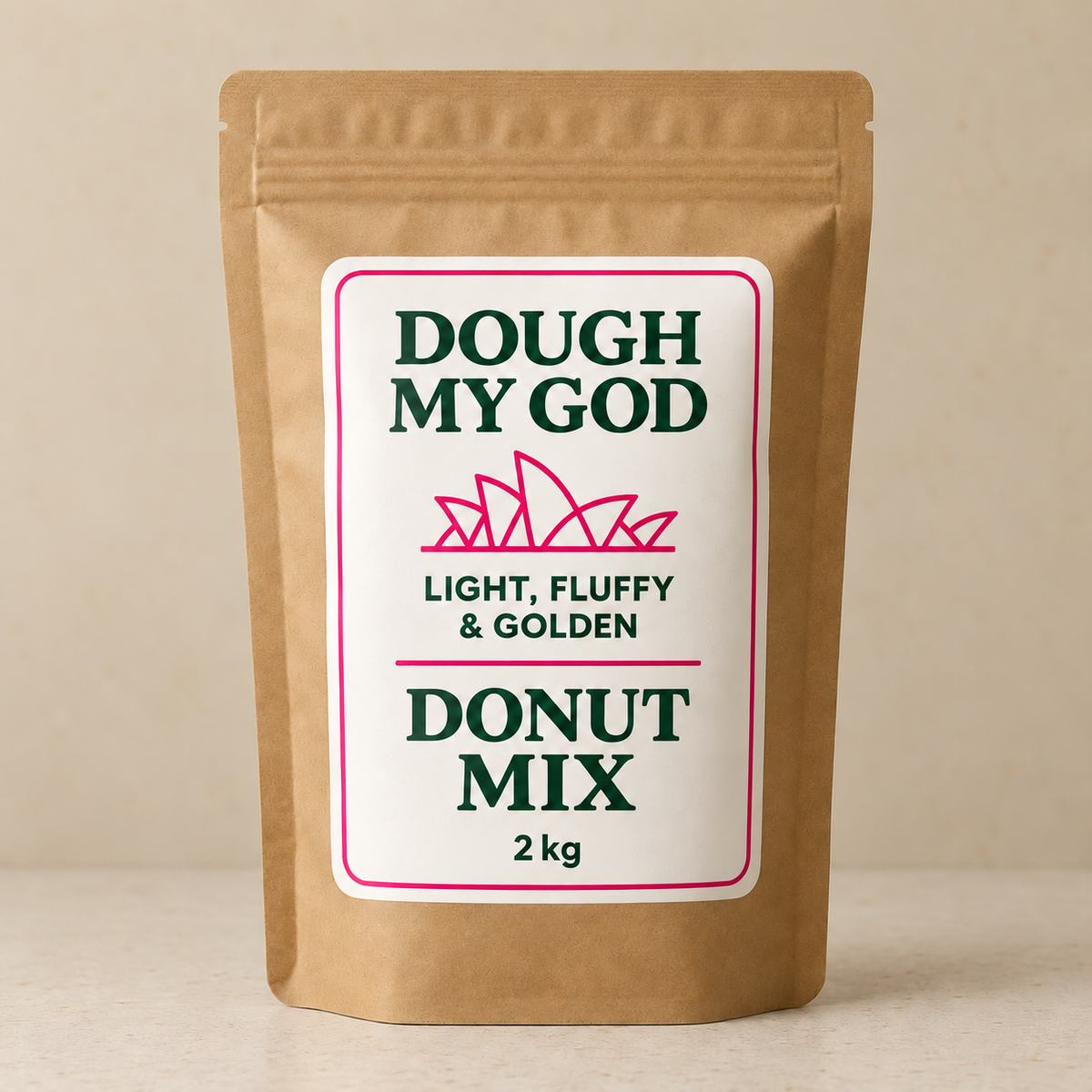 Illustrative Dough My God Donut Mix 2 kg kraft pouch with the approved white and pink label.