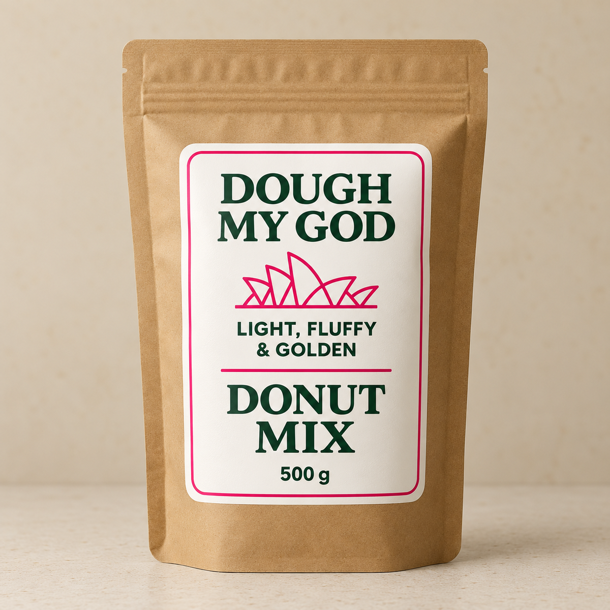 Illustrative Dough My God Donut Mix 500 g kraft pouch with the approved white and pink label.