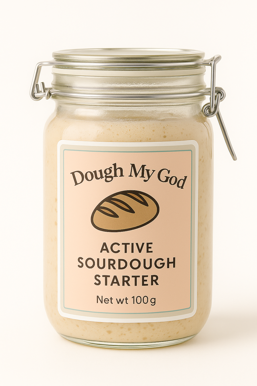 Jar of Dough My God active sourdough starter on a white background