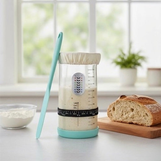 Sourdough starter care jar with thermometer and rise band
