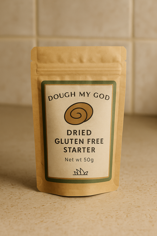 Packaged dried gluten-free starter with 'Dough My God' branding on a beige background.