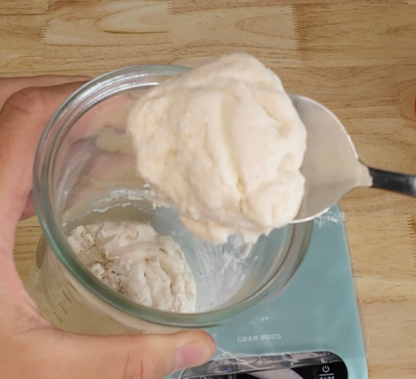 Load video: A detailed video on creating a backup gluten free sourdough starter, taking a portion for baking and storing the remainder in the fridge