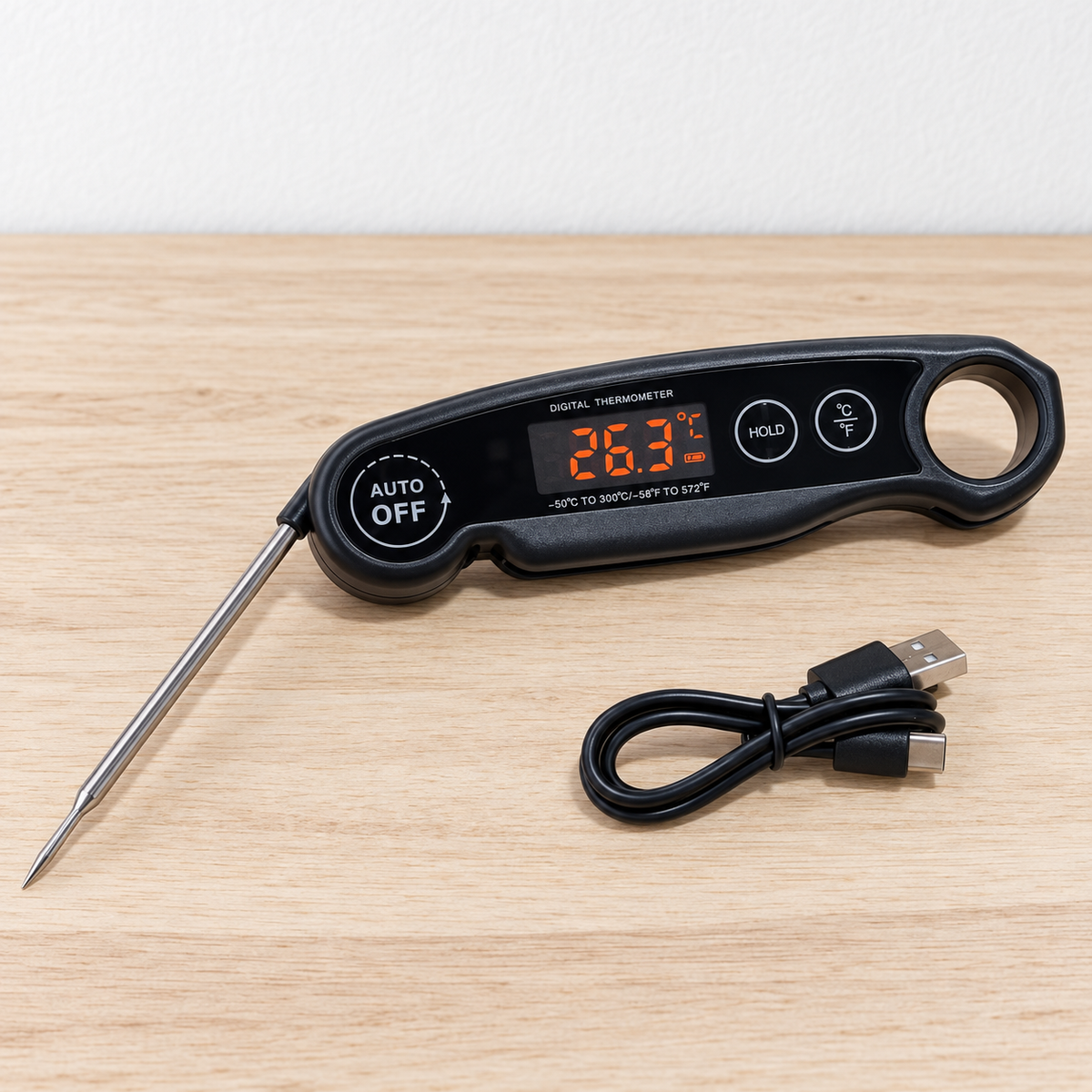 Rechargeable digital food thermometer with included USB-A to USB-C charging cable