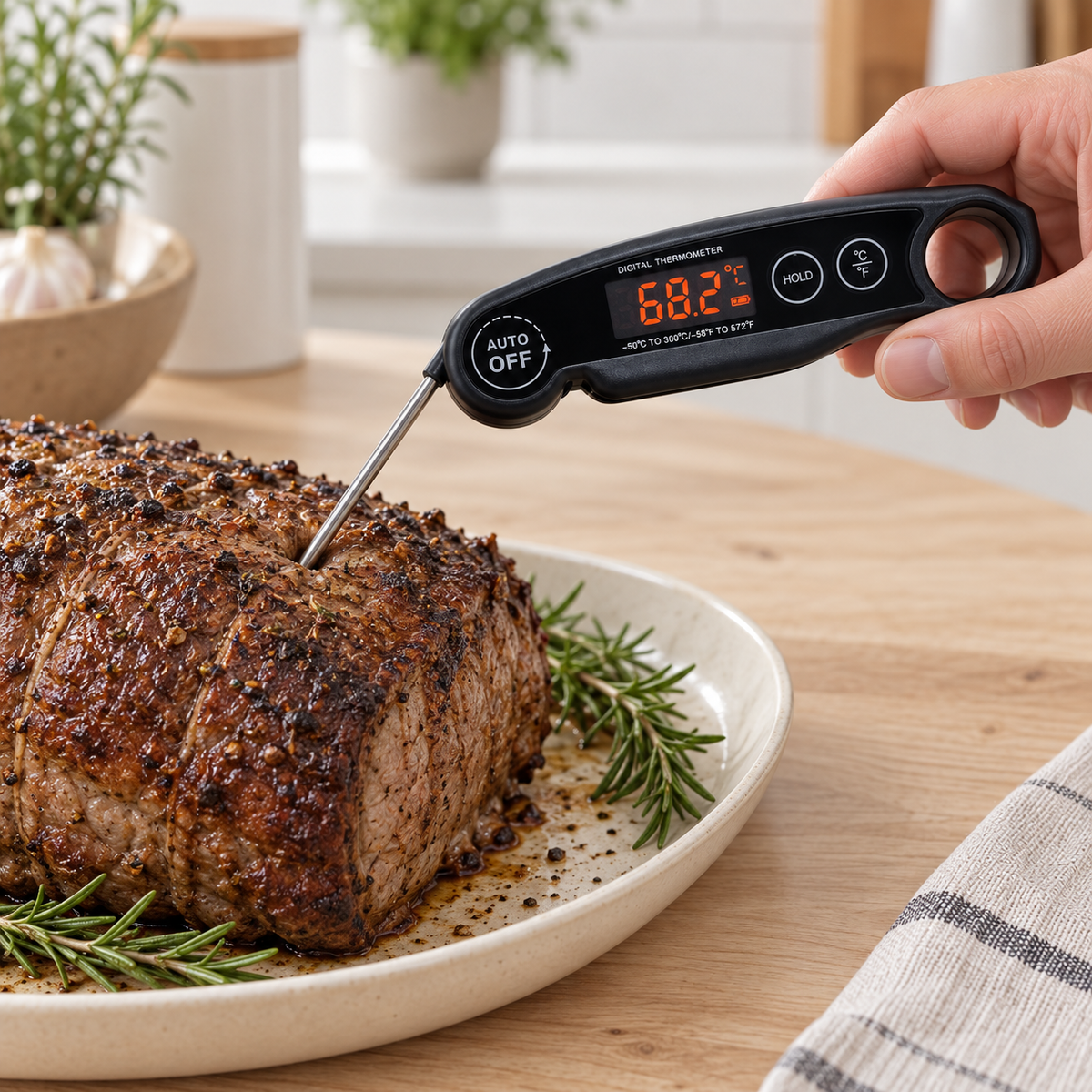 Instant read meat thermometer checking the temperature of roast beef