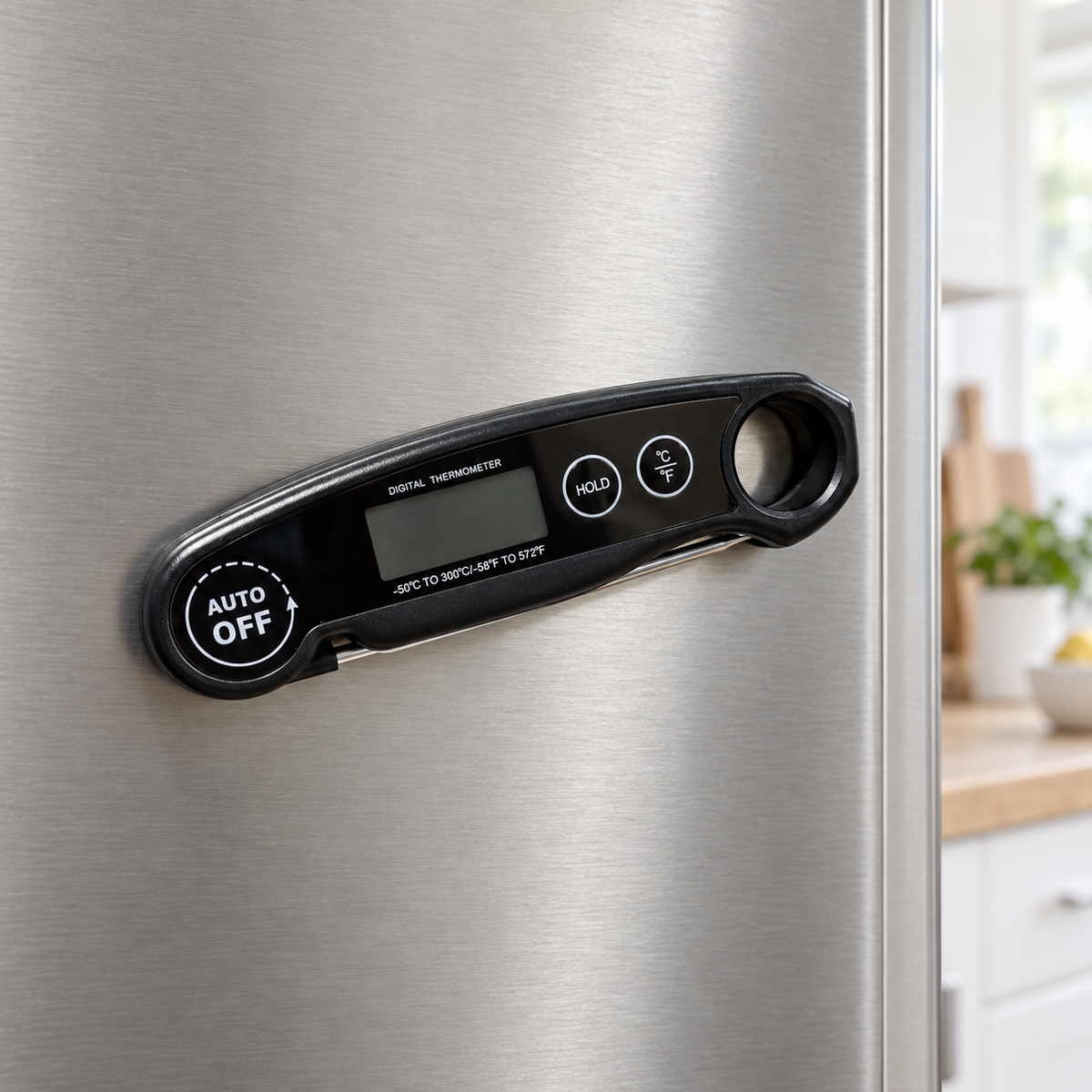 Black digital food thermometer attached magnetically to a fridge with probe folded and display off