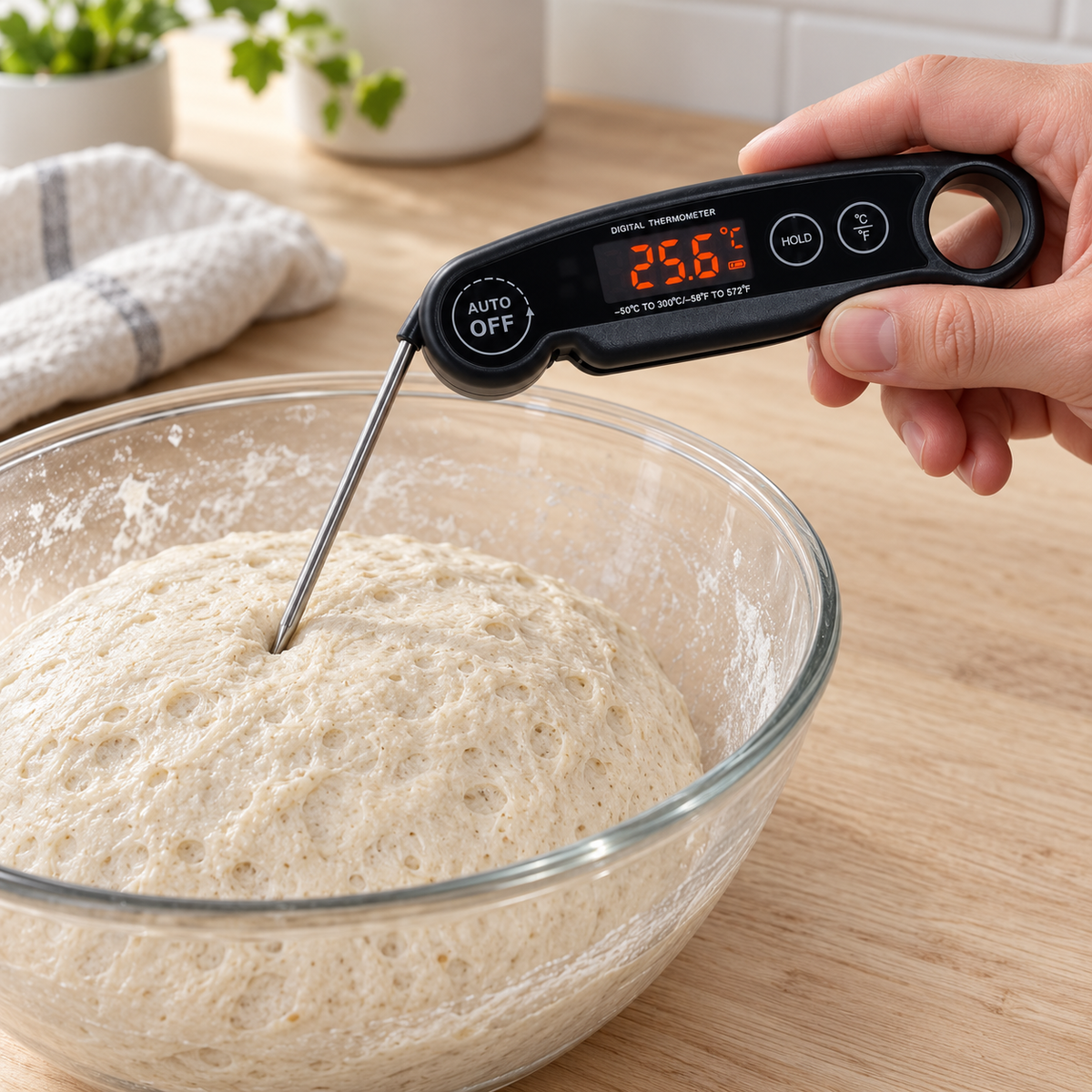 Digital thermometer checking sourdough dough temperature in a glass mixing bowl