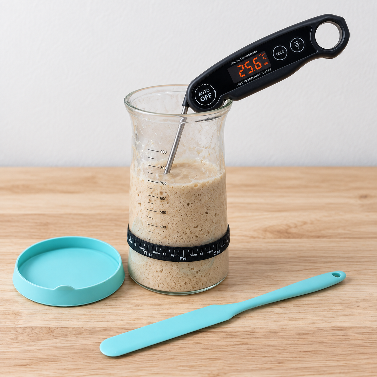 Digital thermometer checking bubbly sourdough starter in a care jar with turquoise lid and spatula