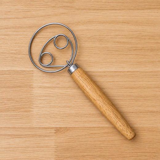 Danish dough whisk with wooden handle and stainless steel loops on light timber