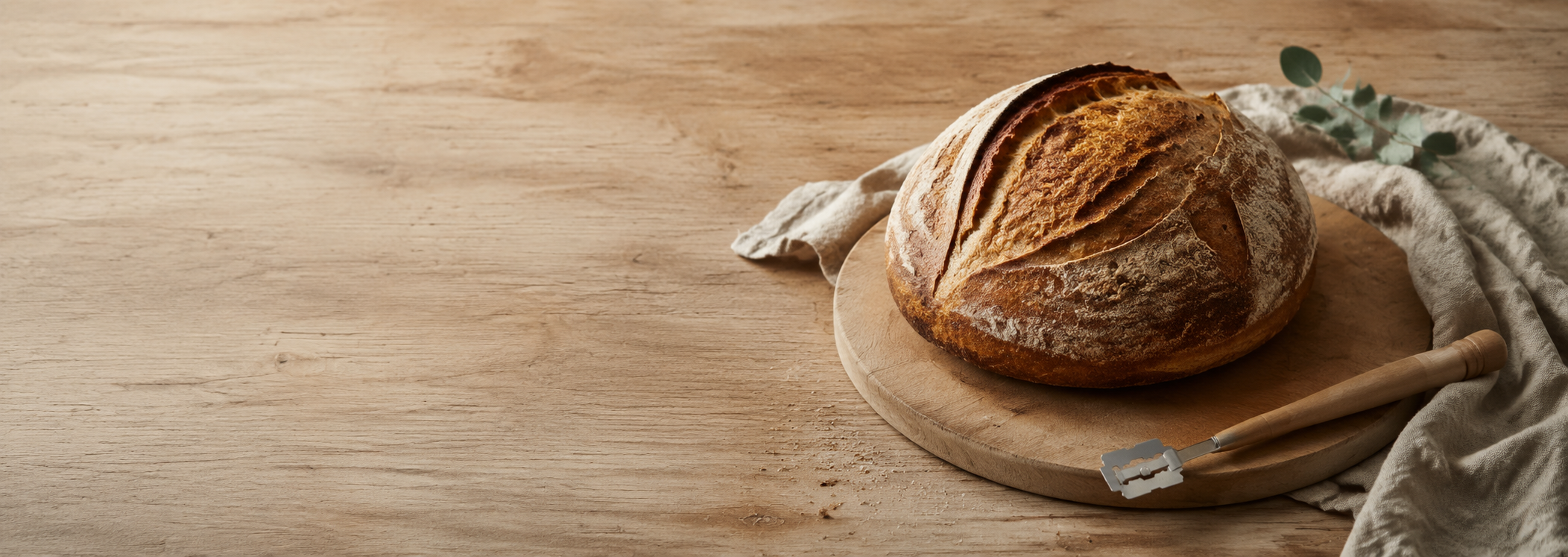 Rustic sourdough loaf on a warm timber table for the Dough My God Father’s Day gift collection