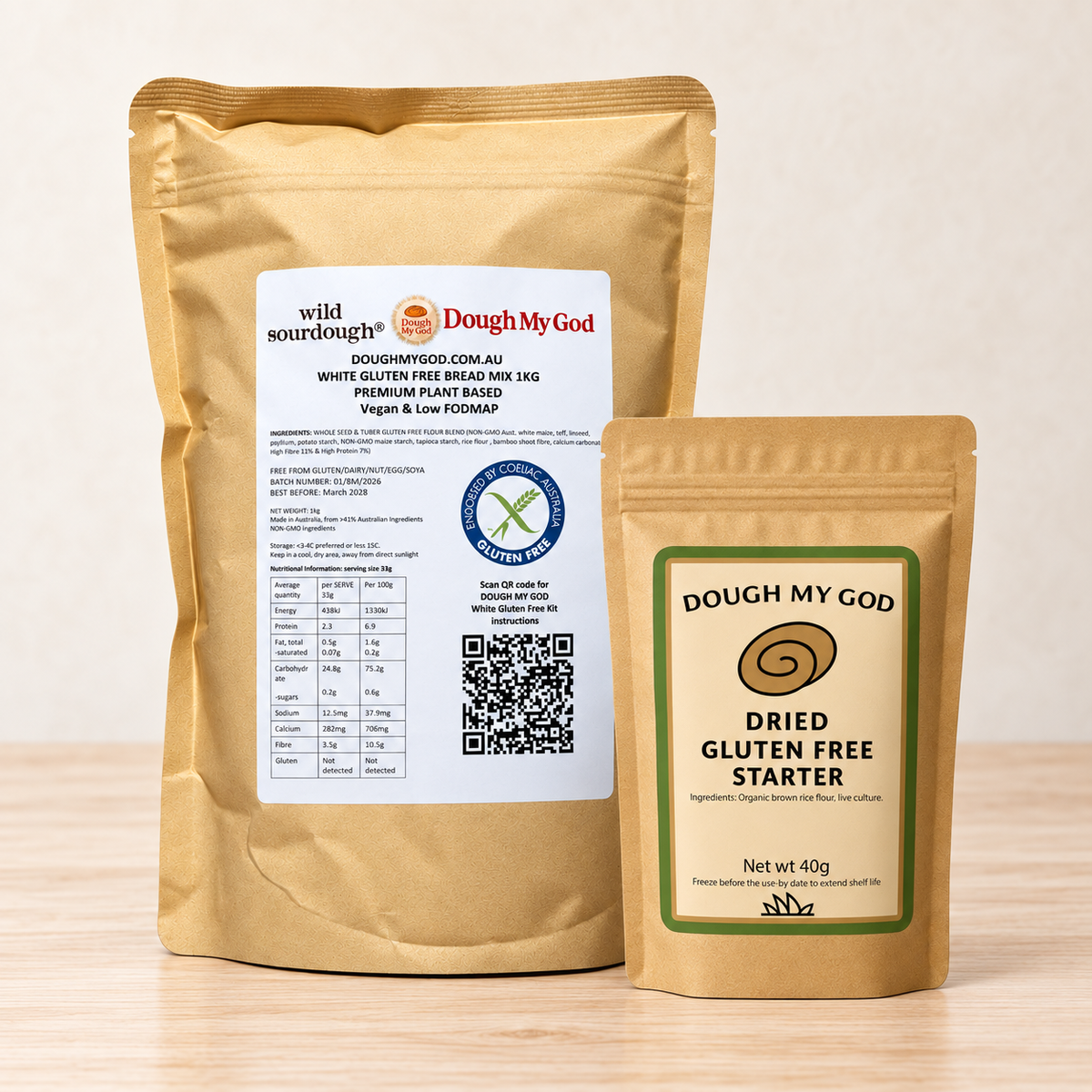 Dough My God gluten free sourdough starter and 1 kg White Bread and Pizza Flour kit