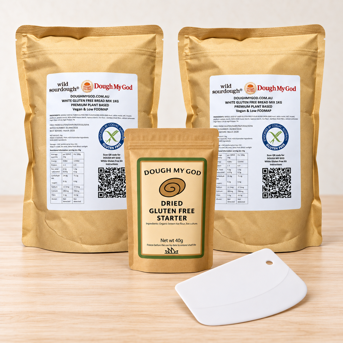 Dough My God gluten free sourdough starter, 2 kg White Bread and Pizza Flour and dough scraper kit
