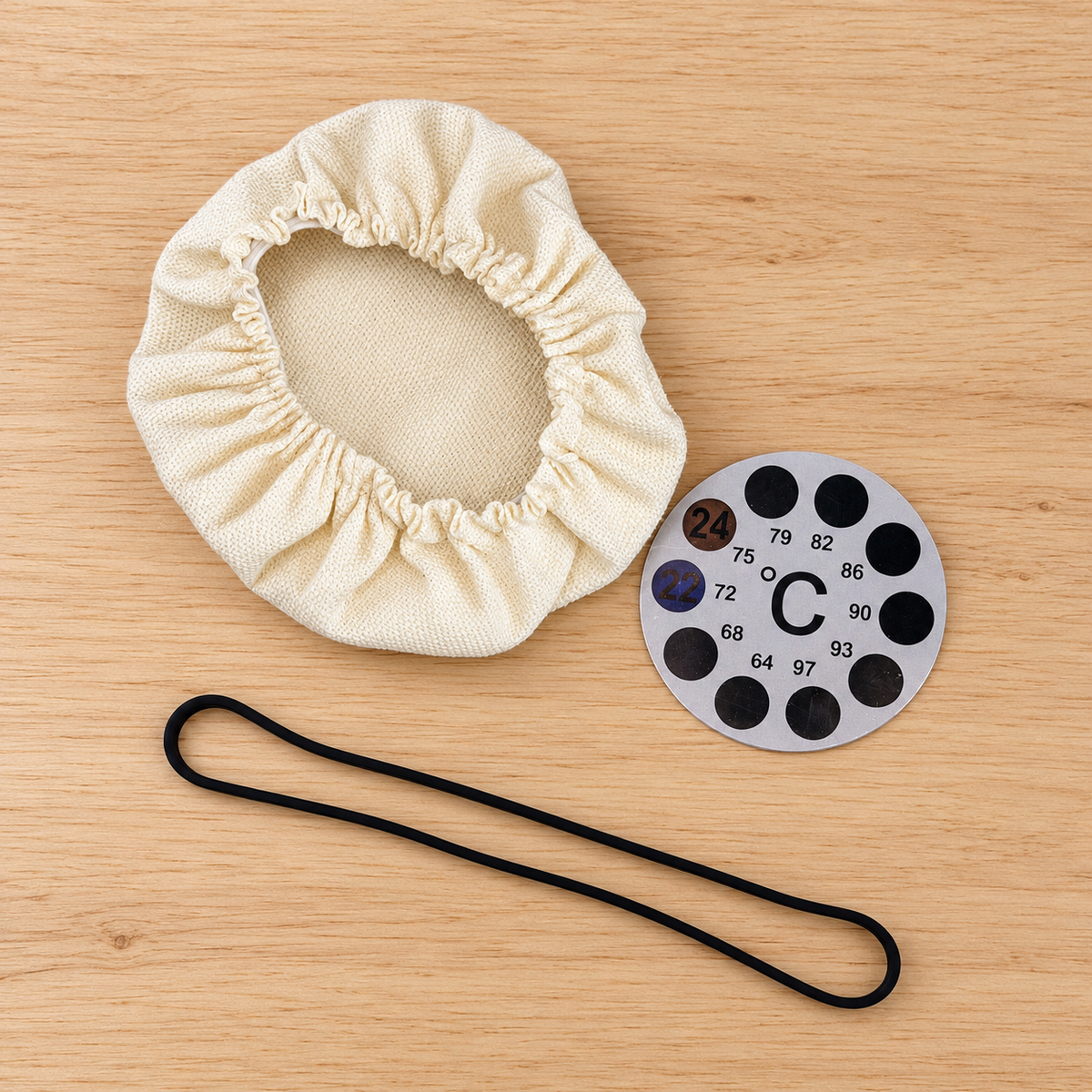Dough My God Starter Care Pack with black rise band, breathable jar cover and temperature sticker