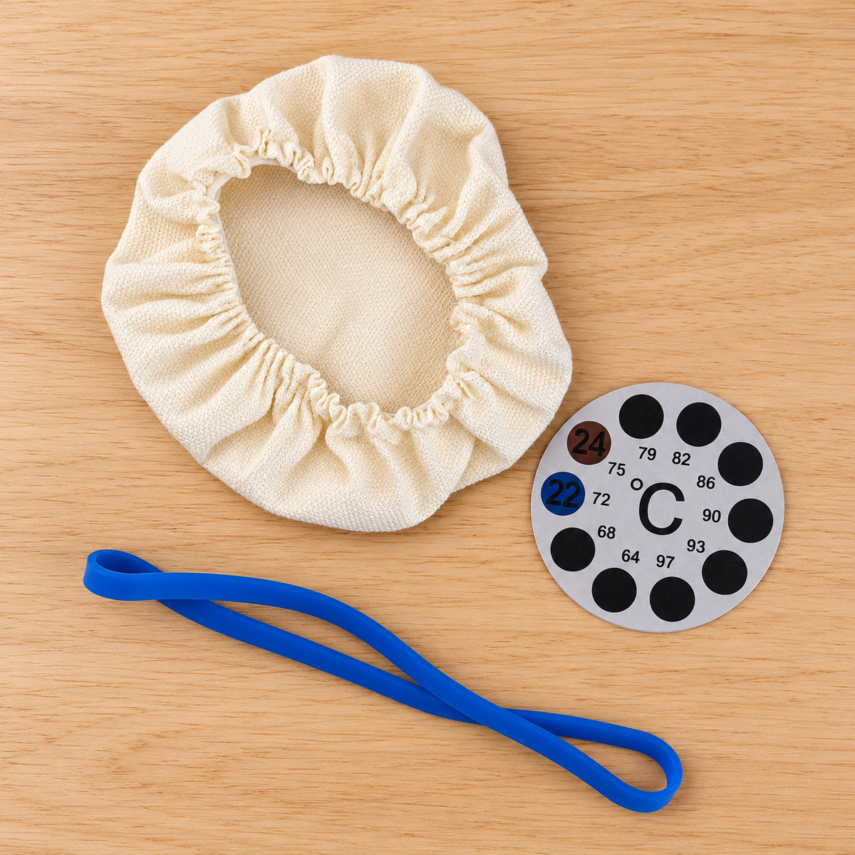 Dough My God Starter Care Pack with blue rise band, breathable jar cover and temperature sticker
