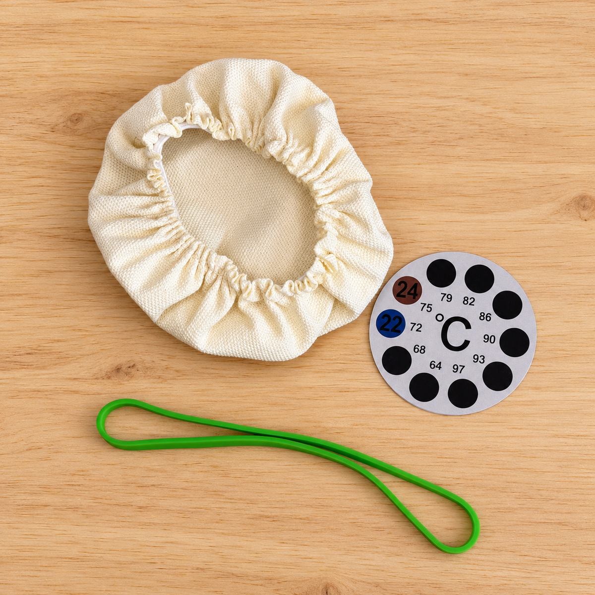 Dough My God Starter Care Pack with green rise band, breathable jar cover and temperature sticker