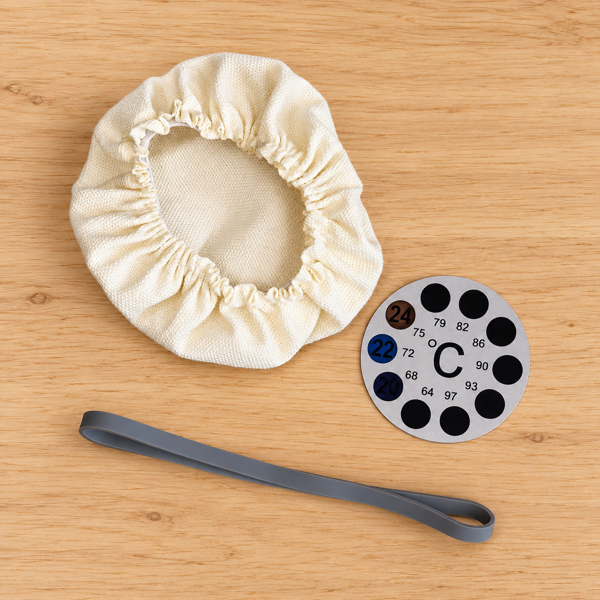 Dough My God Starter Care Pack with grey rise band, breathable jar cover and temperature sticker