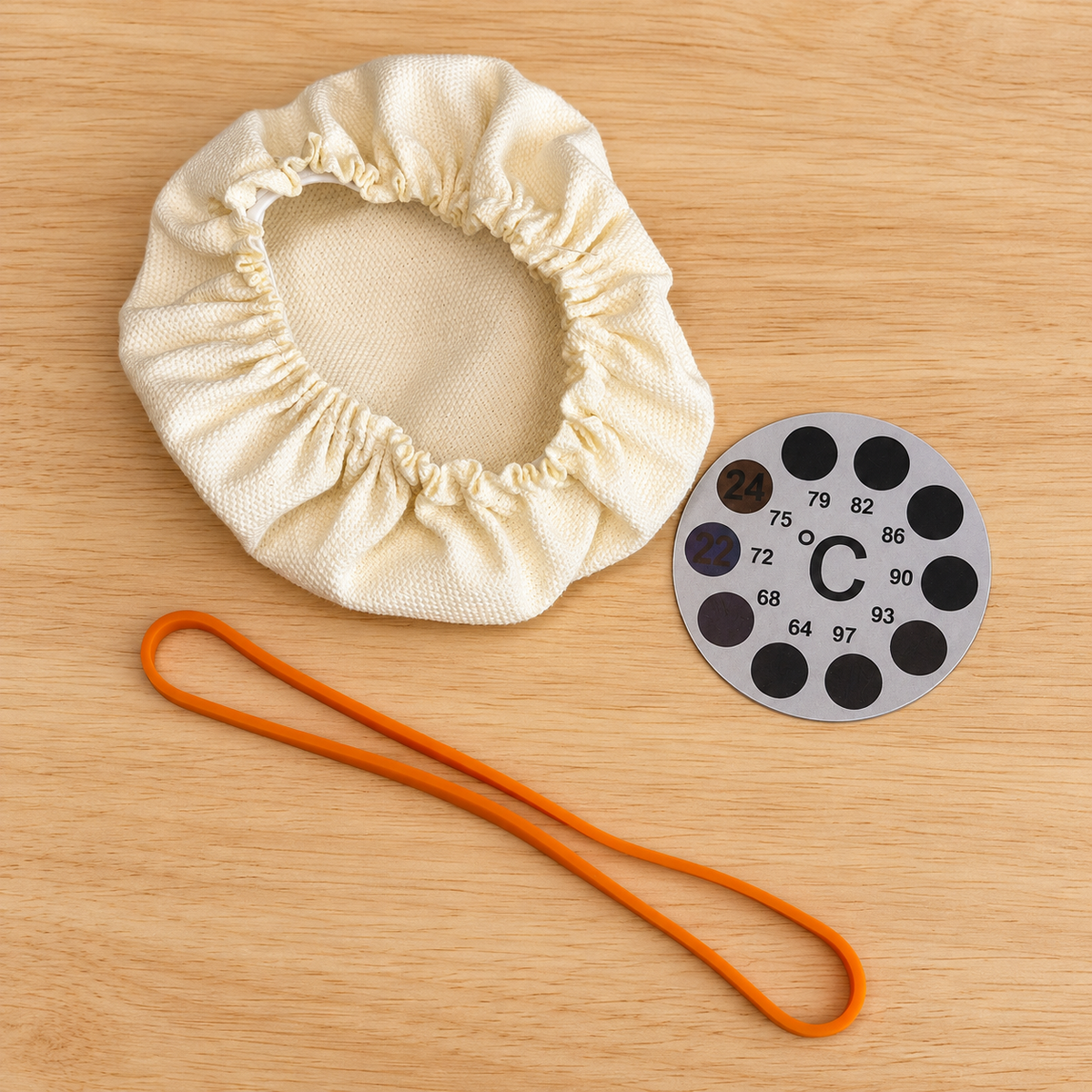 Dough My God Starter Care Pack with orange rise band, breathable jar cover and temperature sticker