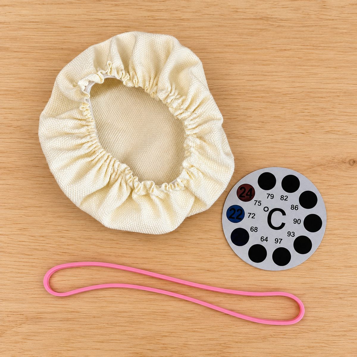 Dough My God Starter Care Pack with pink rise band, breathable jar cover and temperature sticker