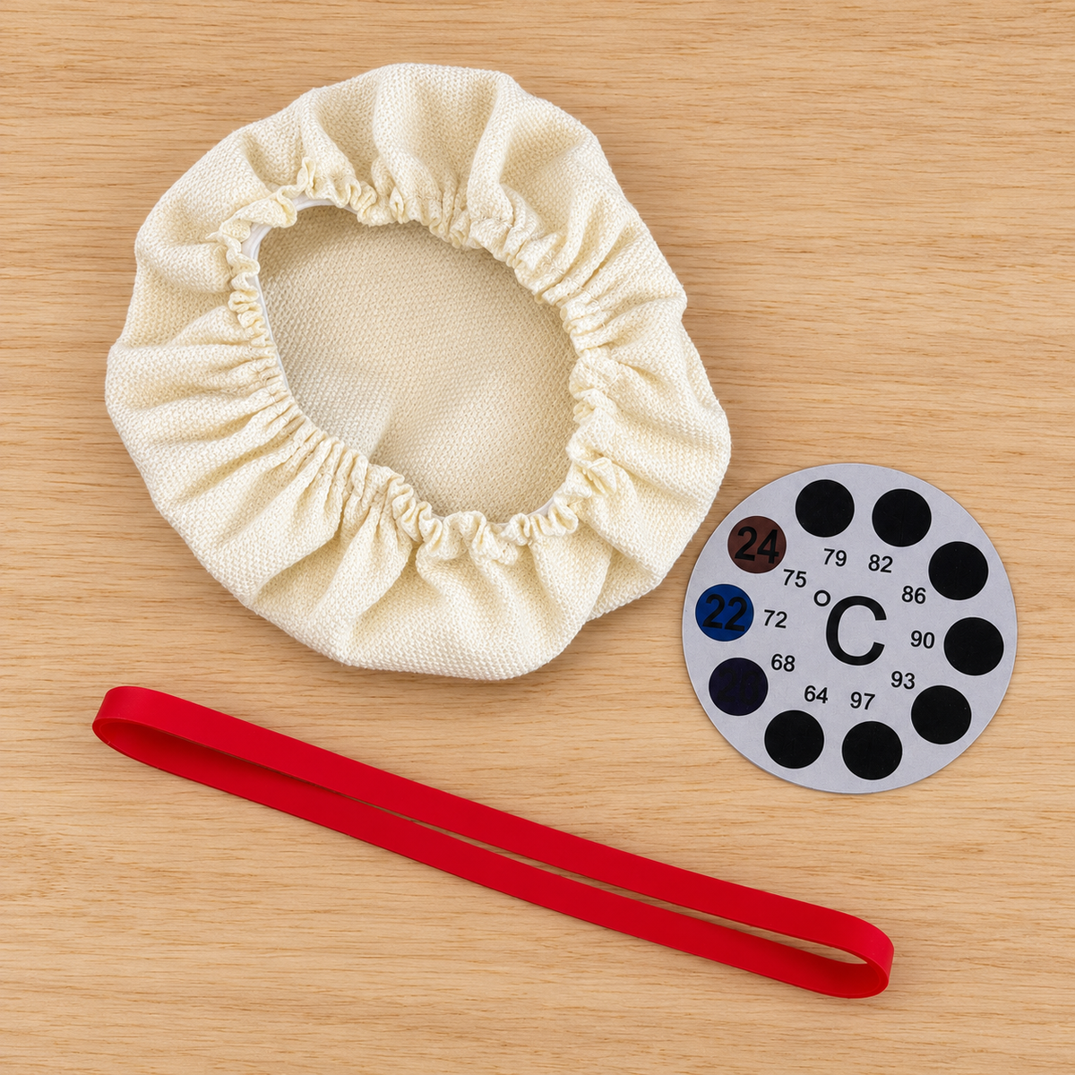 Dough My God Starter Care Pack with red rise band, breathable jar cover and temperature sticker