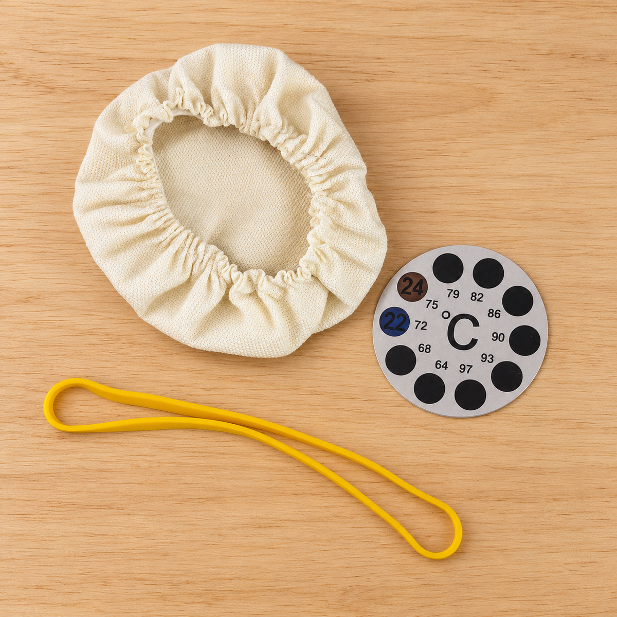 Dough My God Starter Care Pack with yellow rise band, breathable jar cover and temperature sticker