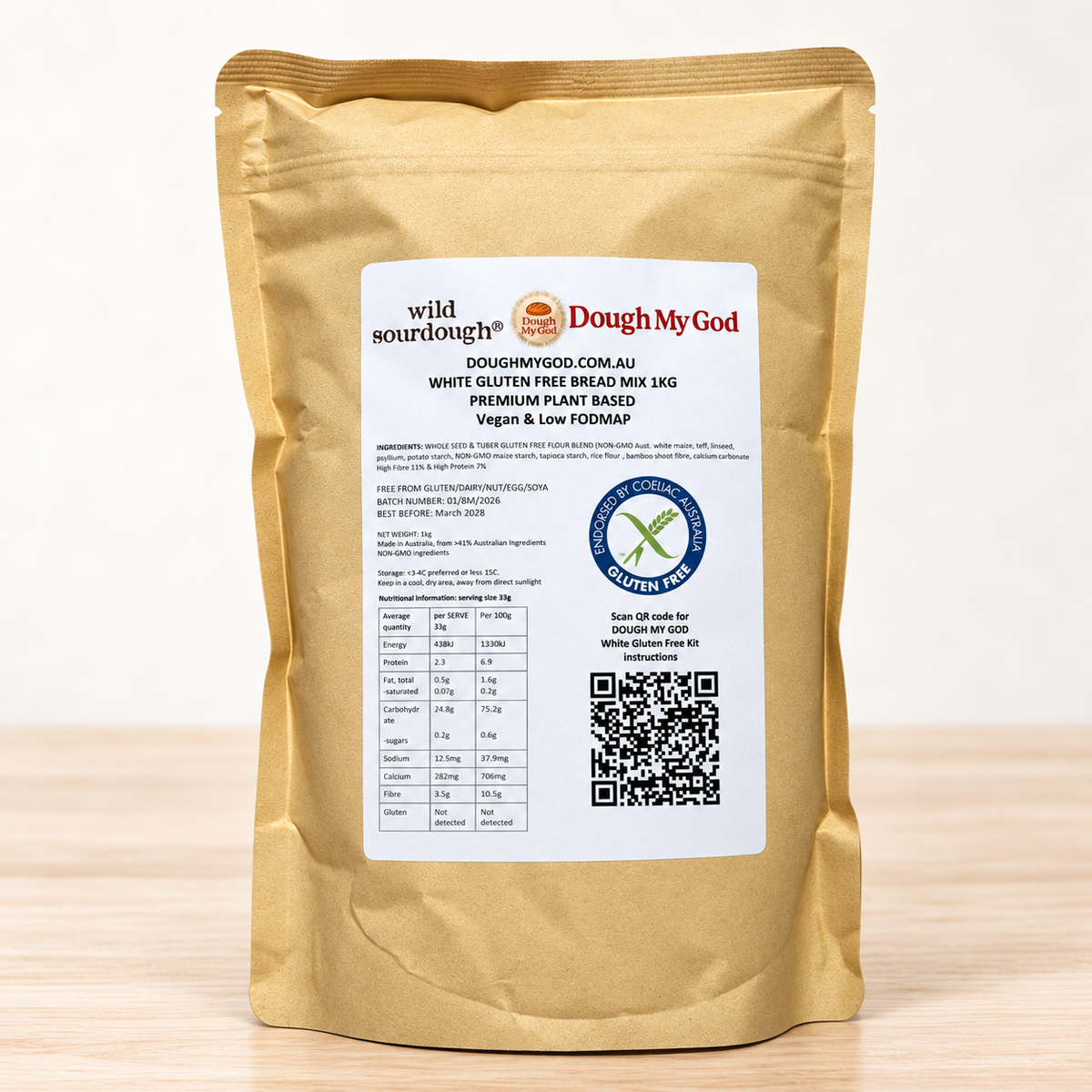 Dough My God white gluten-free bread and pizza flour in a 1 kg pouch