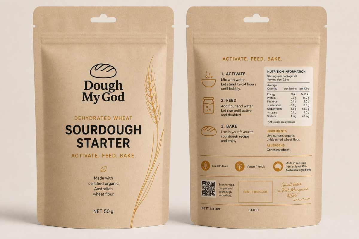 Front and back concept packaging for a 50 gram Dough My God dehydrated wheat sourdough starter