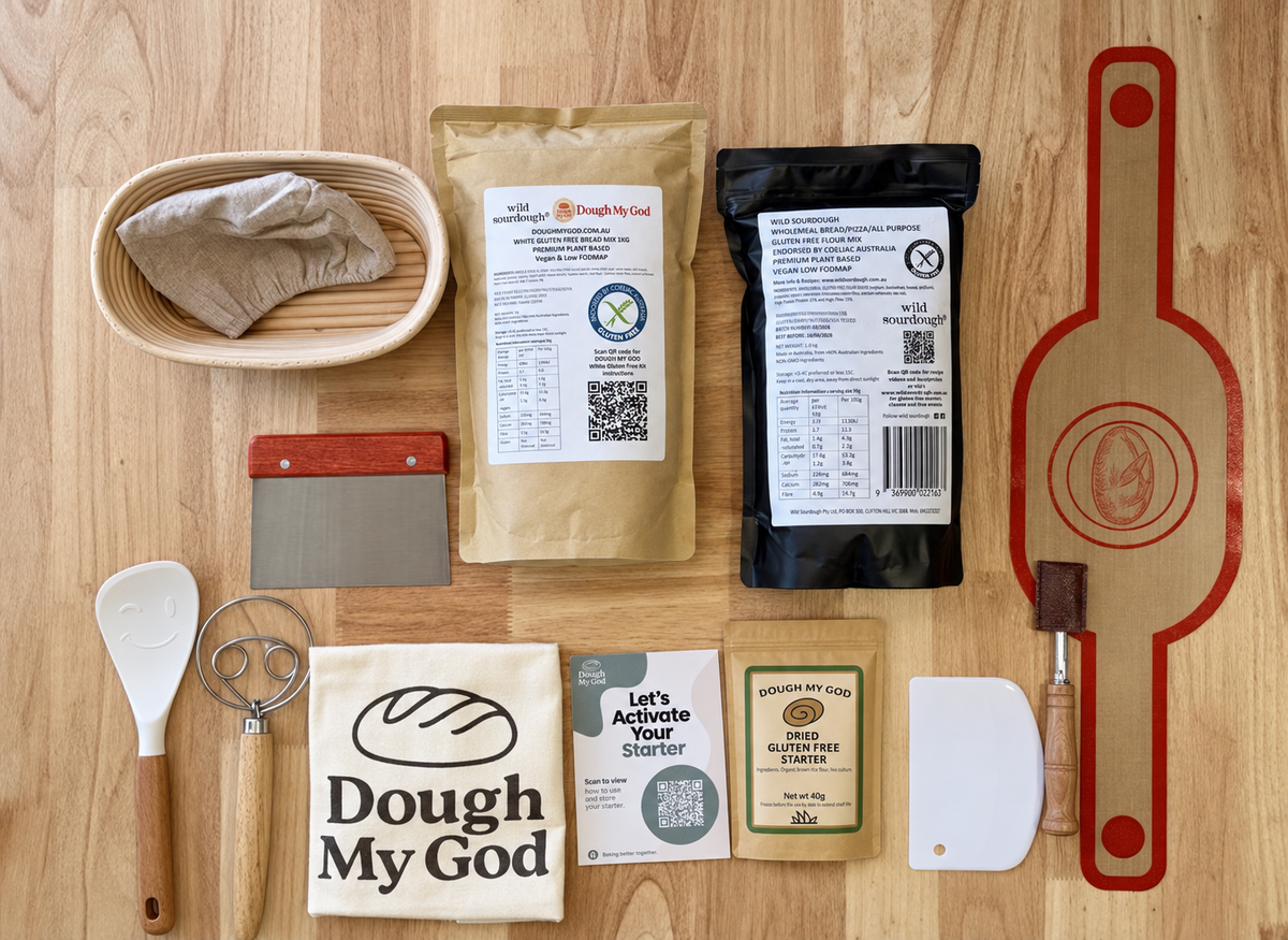 Oval rattan banneton gluten-free sourdough baking kit with starter and flour