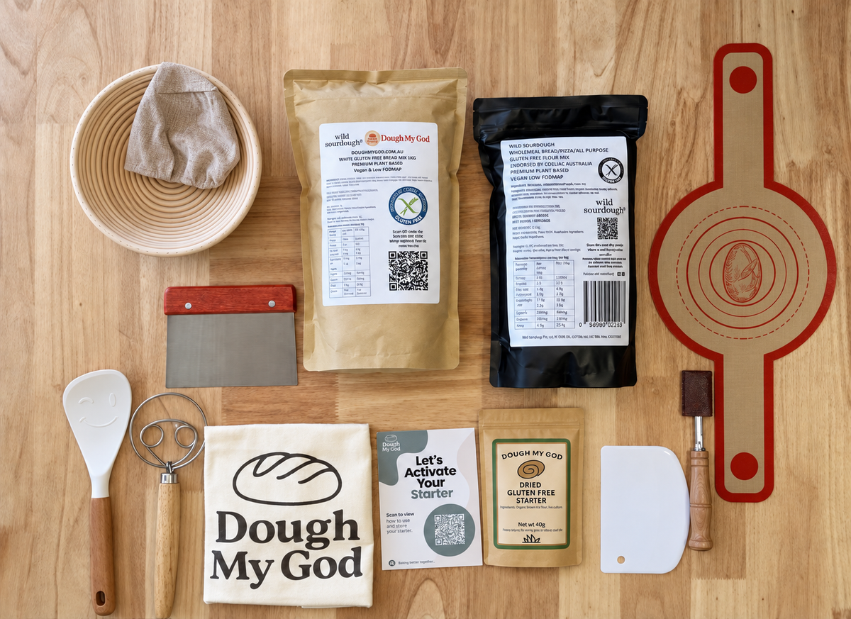 Round rattan banneton gluten-free sourdough kit with starter, flour and baking tools