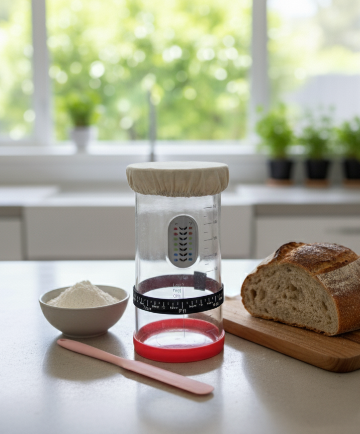 Sourdough starter jar with linen lid on a kitchen counter with bread and flour.