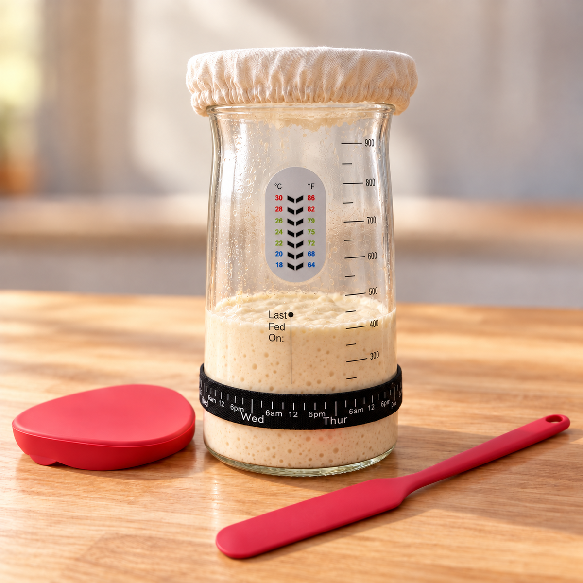 Red sourdough starter care jar with thermometer, feeding band, linen cover and spatula