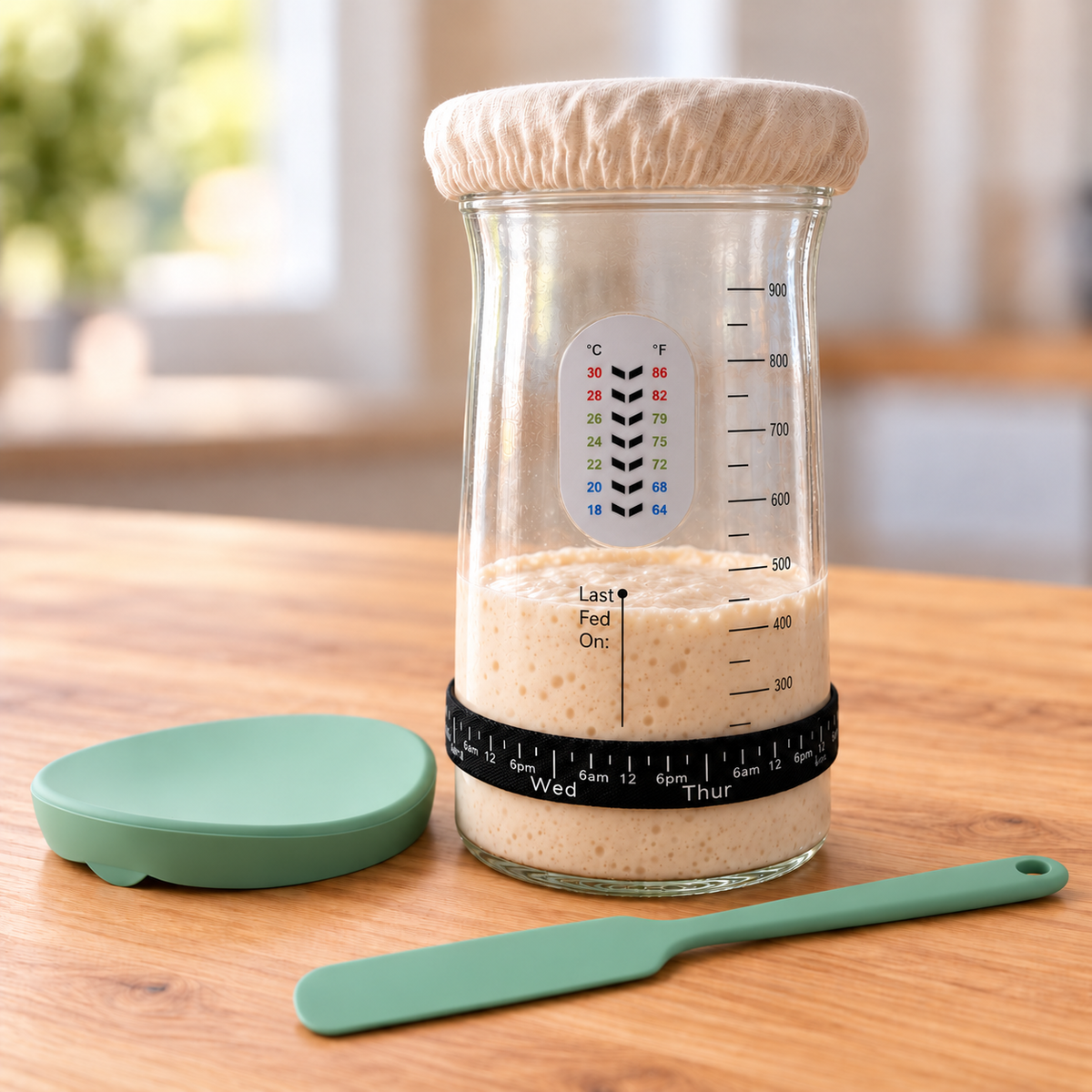Sage sourdough starter care jar with thermometer, feeding band, linen cover and spatula