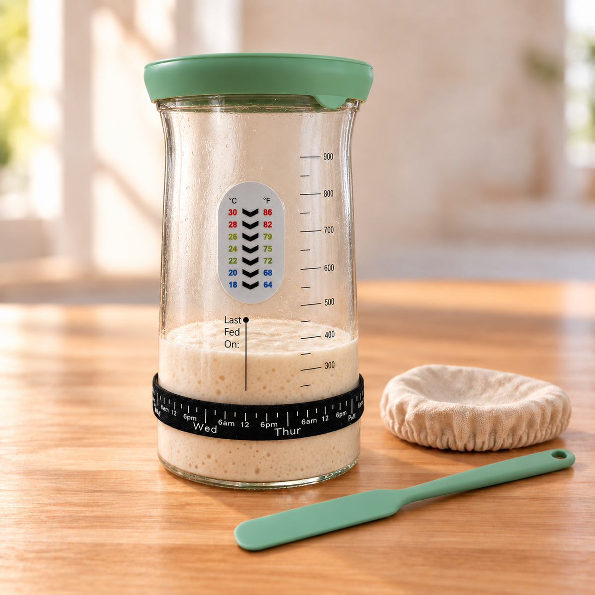 Sage sourdough starter care jar with silicone cap, thermometer, feeding band and spatula